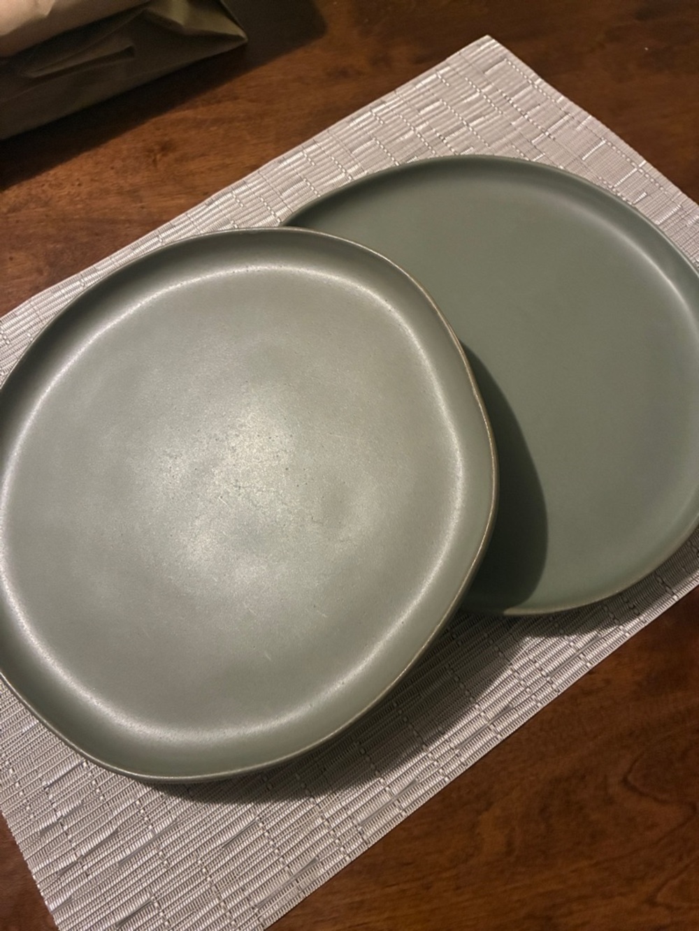 Set of 2 stoneware Hearth & Hand green dinner plates / dishes